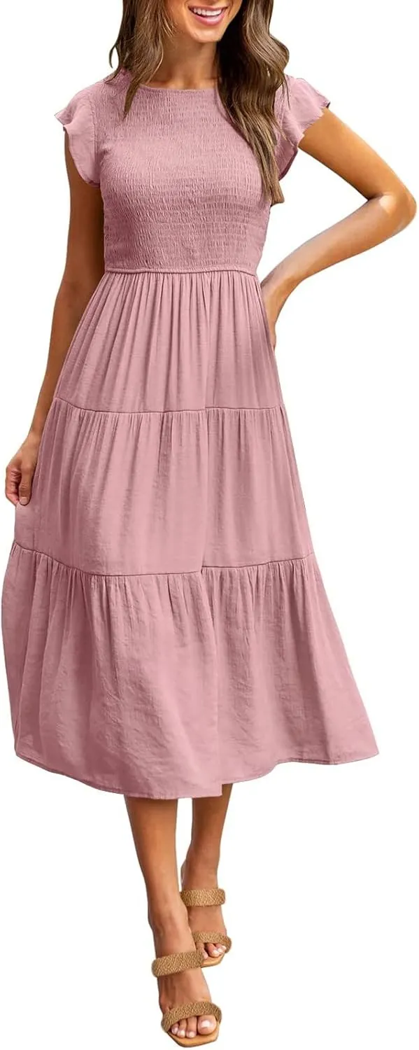 Women's Summer Floral Boho Dress Wrap V Neck Short Sleeve Ruffle A-Line Flowy Maxi Wedding Guest Dresses