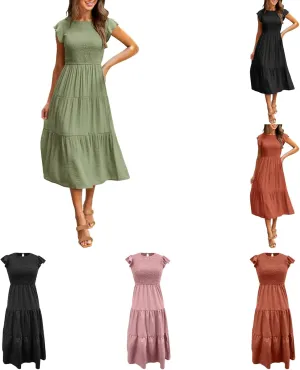 Women's Summer Floral Boho Dress Wrap V Neck Short Sleeve Ruffle A-Line Flowy Maxi Wedding Guest Dresses