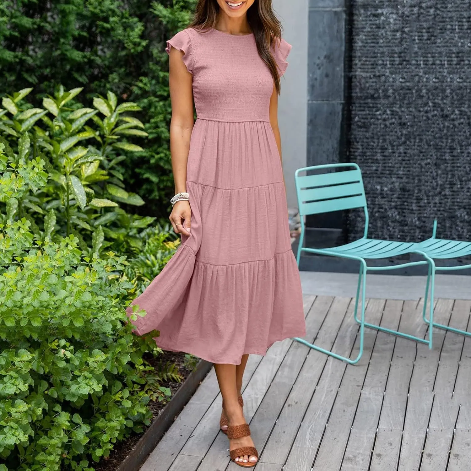 Women's Summer Floral Boho Dress Wrap V Neck Short Sleeve Ruffle A-Line Flowy Maxi Wedding Guest Dresses
