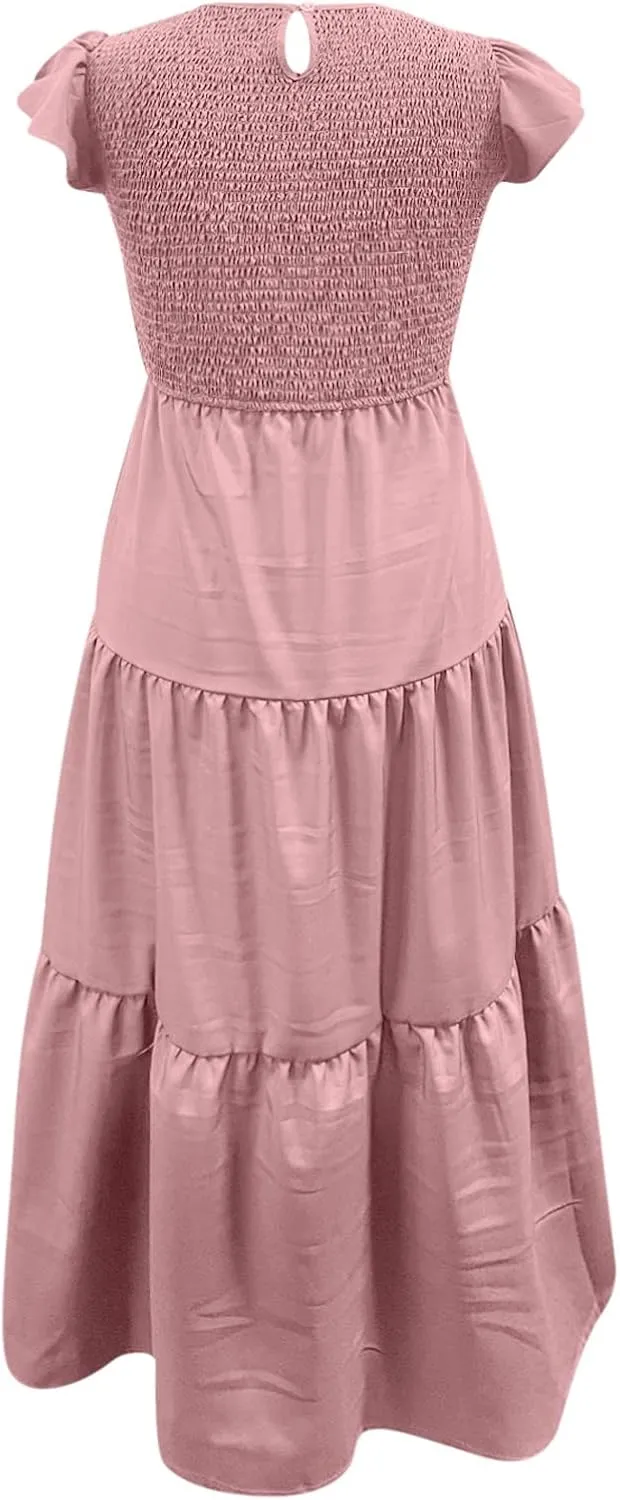 Women's Summer Floral Boho Dress Wrap V Neck Short Sleeve Ruffle A-Line Flowy Maxi Wedding Guest Dresses