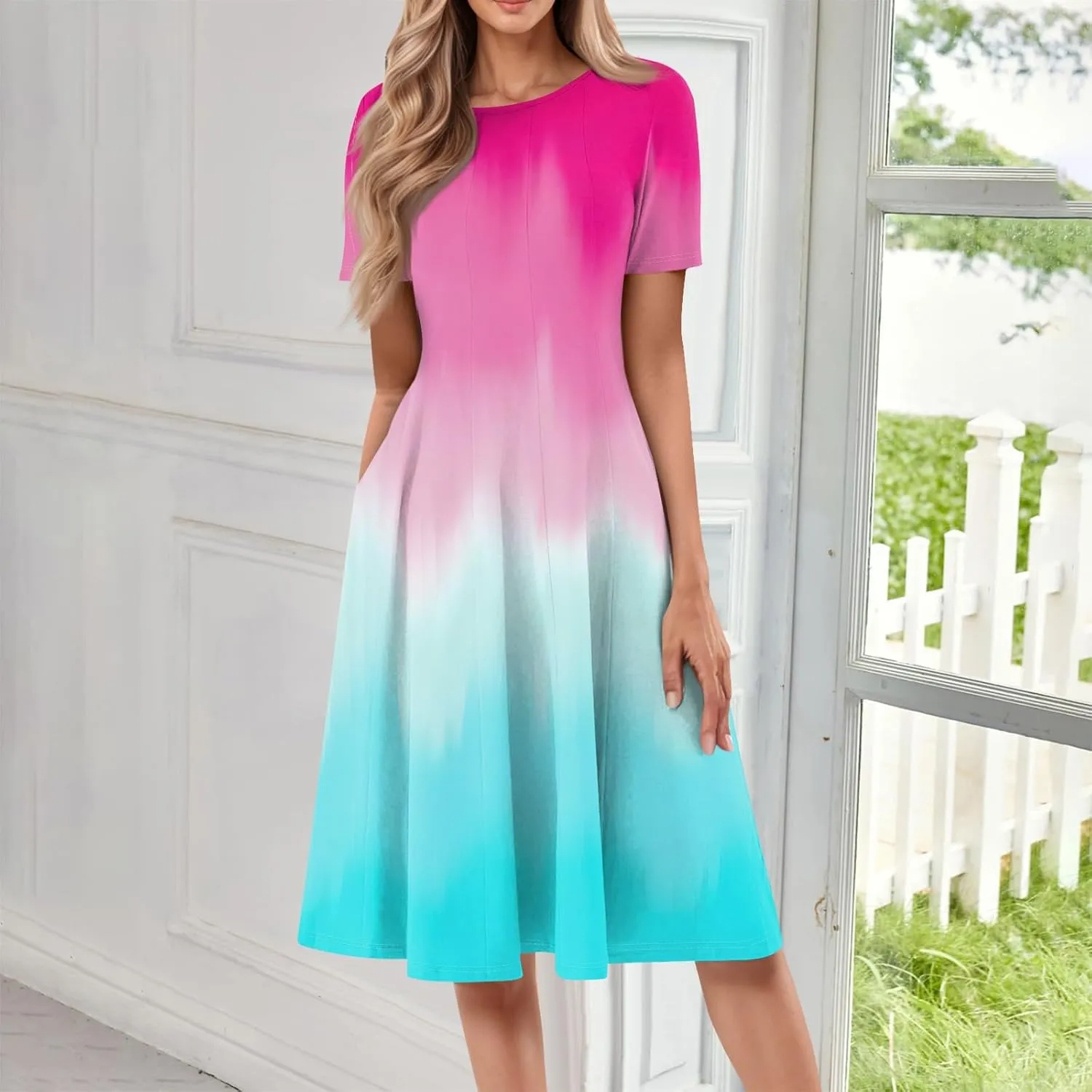 Womens Summer Midi Dress Short Sleeve Casual Plus Size A Line Elegant Formal Smocked Flowy Floral Knee Length Dress