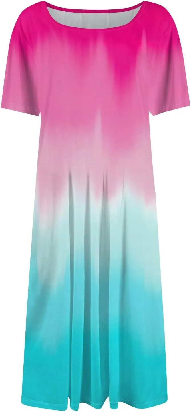 Womens Summer Midi Dress Short Sleeve Casual Plus Size A Line Elegant Formal Smocked Flowy Floral Knee Length Dress