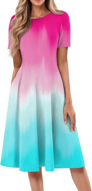 Womens Summer Midi Dress Short Sleeve Casual Plus Size A Line Elegant Formal Smocked Flowy Floral Knee Length Dress