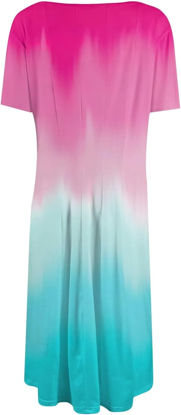 Womens Summer Midi Dress Short Sleeve Casual Plus Size A Line Elegant Formal Smocked Flowy Floral Knee Length Dress