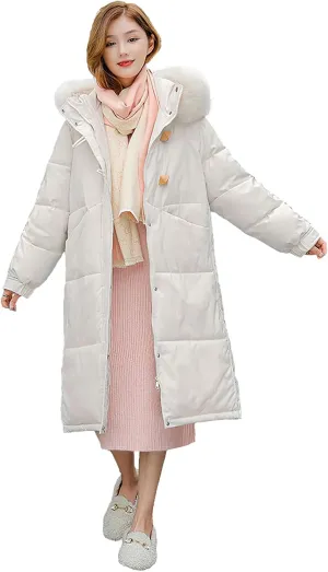 Women's Thermal Cotton Padded Puffer Coat Knee-Length Quilted Jacket with Faux Fur Hood