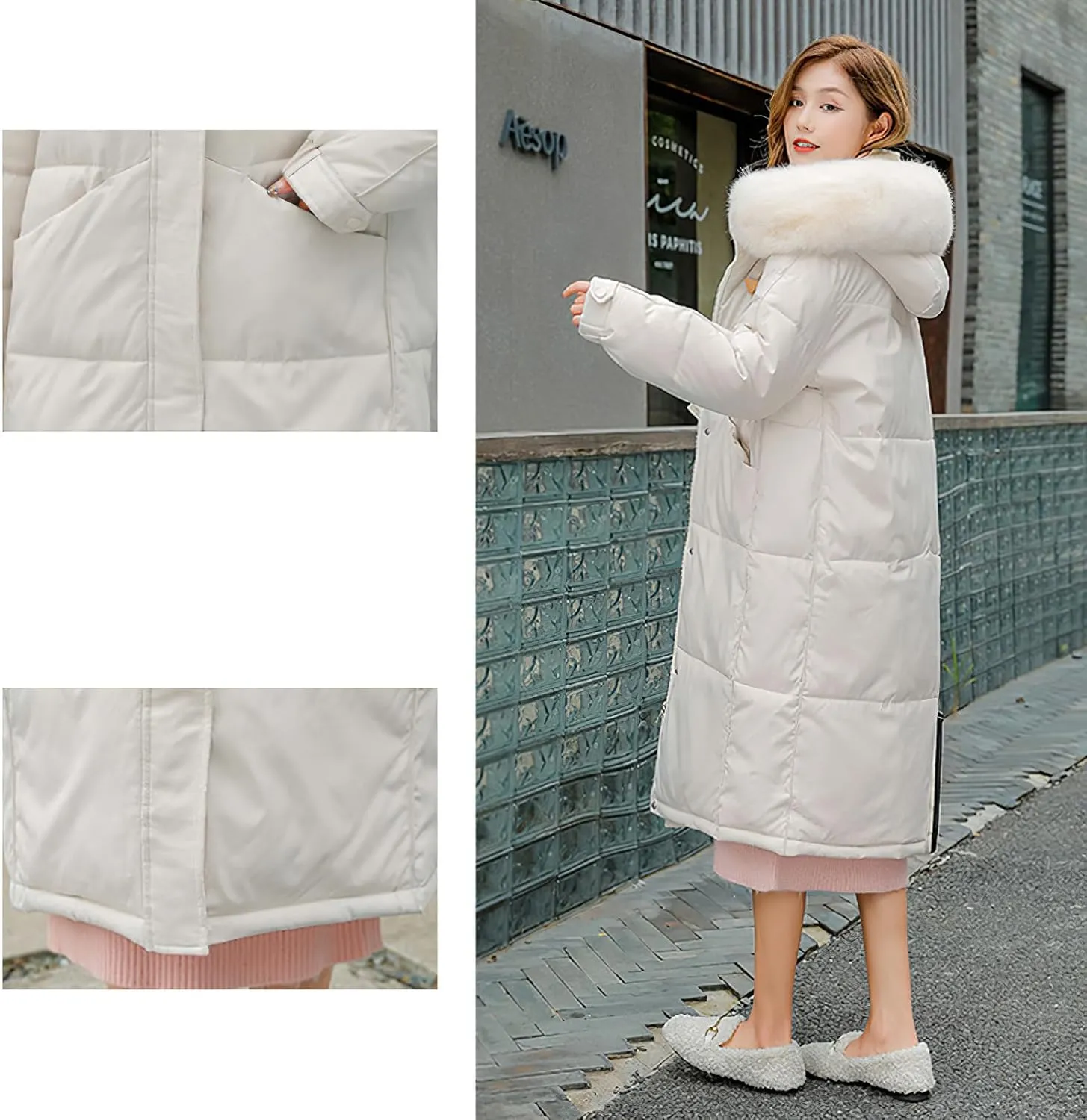 Women's Thermal Cotton Padded Puffer Coat Knee-Length Quilted Jacket with Faux Fur Hood