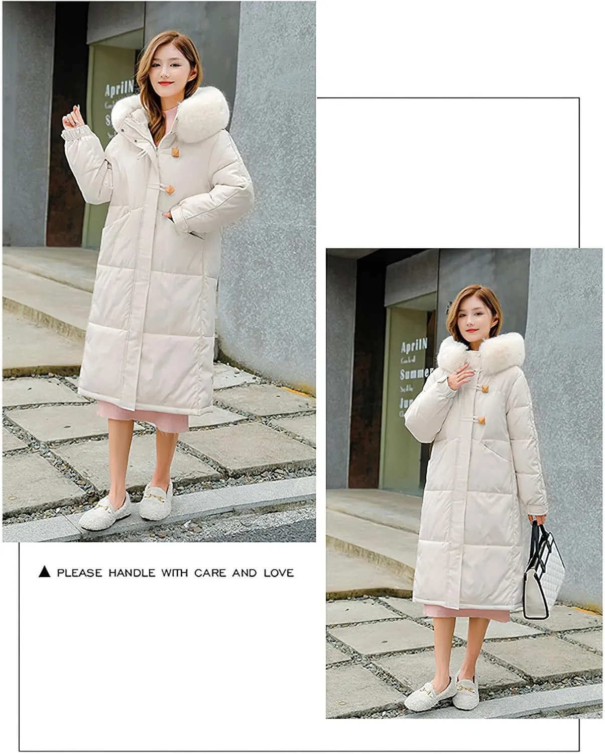 Women's Thermal Cotton Padded Puffer Coat Knee-Length Quilted Jacket with Faux Fur Hood