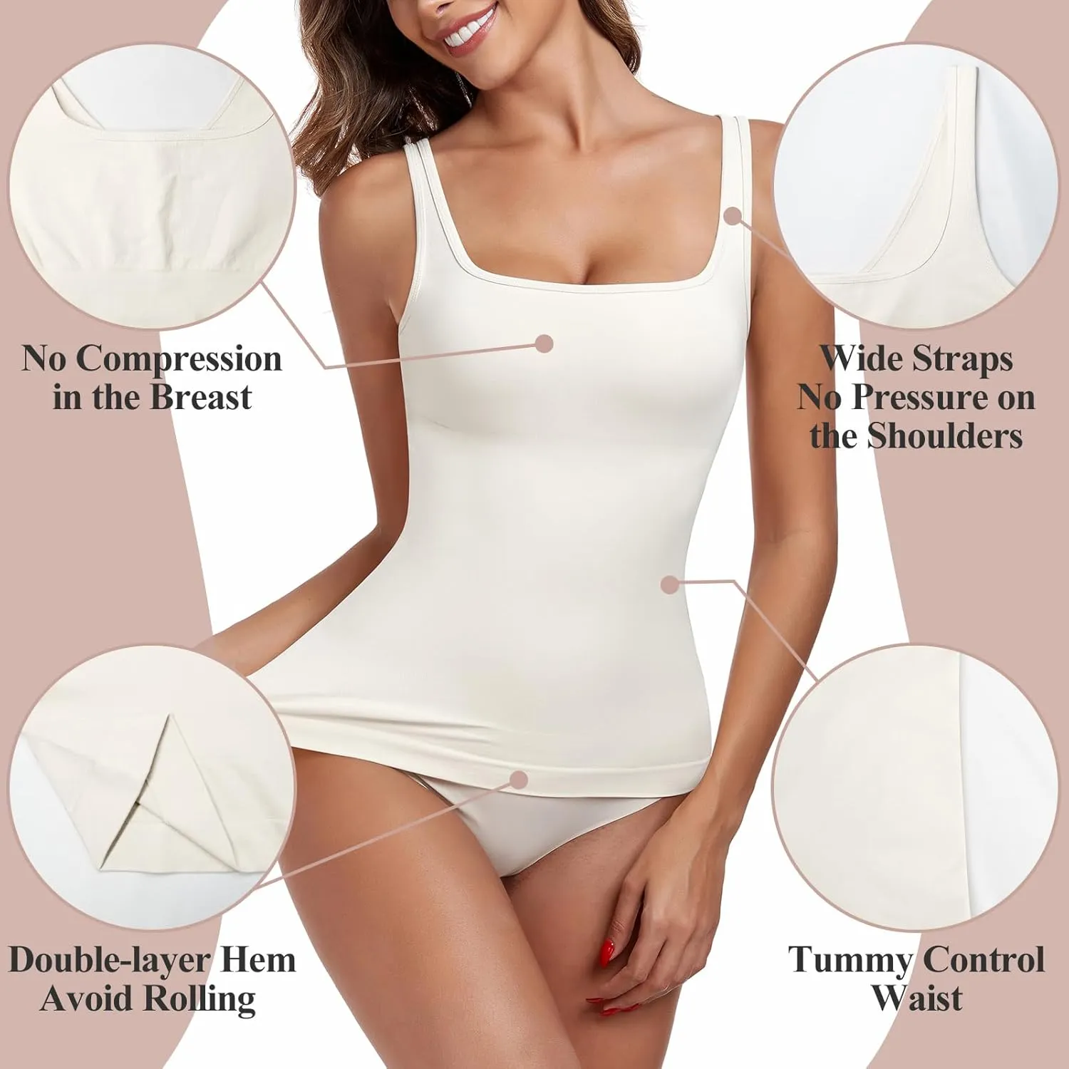Women's Tummy Control Shapewear Tank Tops Seamless Square/Scoop Neck Compression Body Shaper Camisole