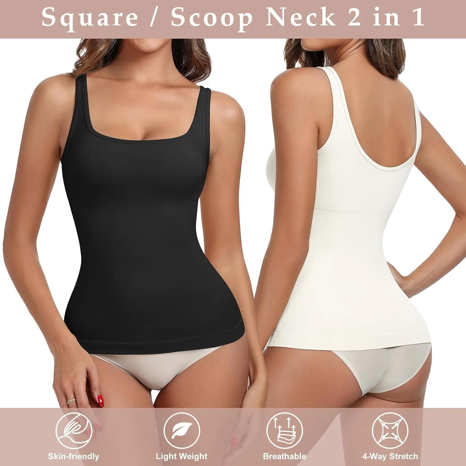 Women's Tummy Control Shapewear Tank Tops Seamless Square/Scoop Neck Compression Body Shaper Camisole