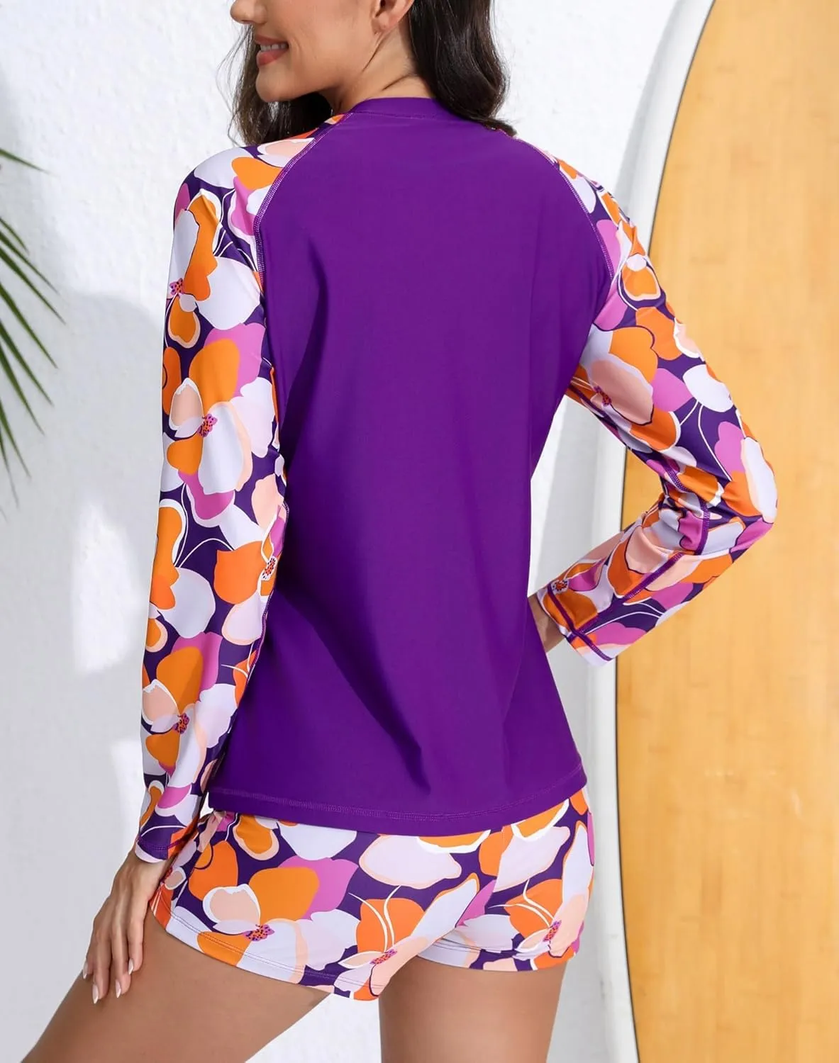 Womens Two Piece Long Sleeve Rash Guard Sets with Built in Bra Swim Shirts and Shorts UPF50  Swimsuit