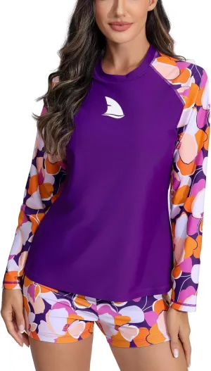 Womens Two Piece Long Sleeve Rash Guard Sets with Built in Bra Swim Shirts and Shorts UPF50  Swimsuit