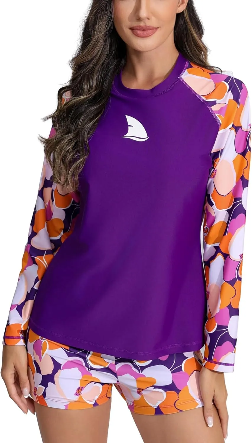 Womens Two Piece Long Sleeve Rash Guard Sets with Built in Bra Swim Shirts and Shorts UPF50  Swimsuit