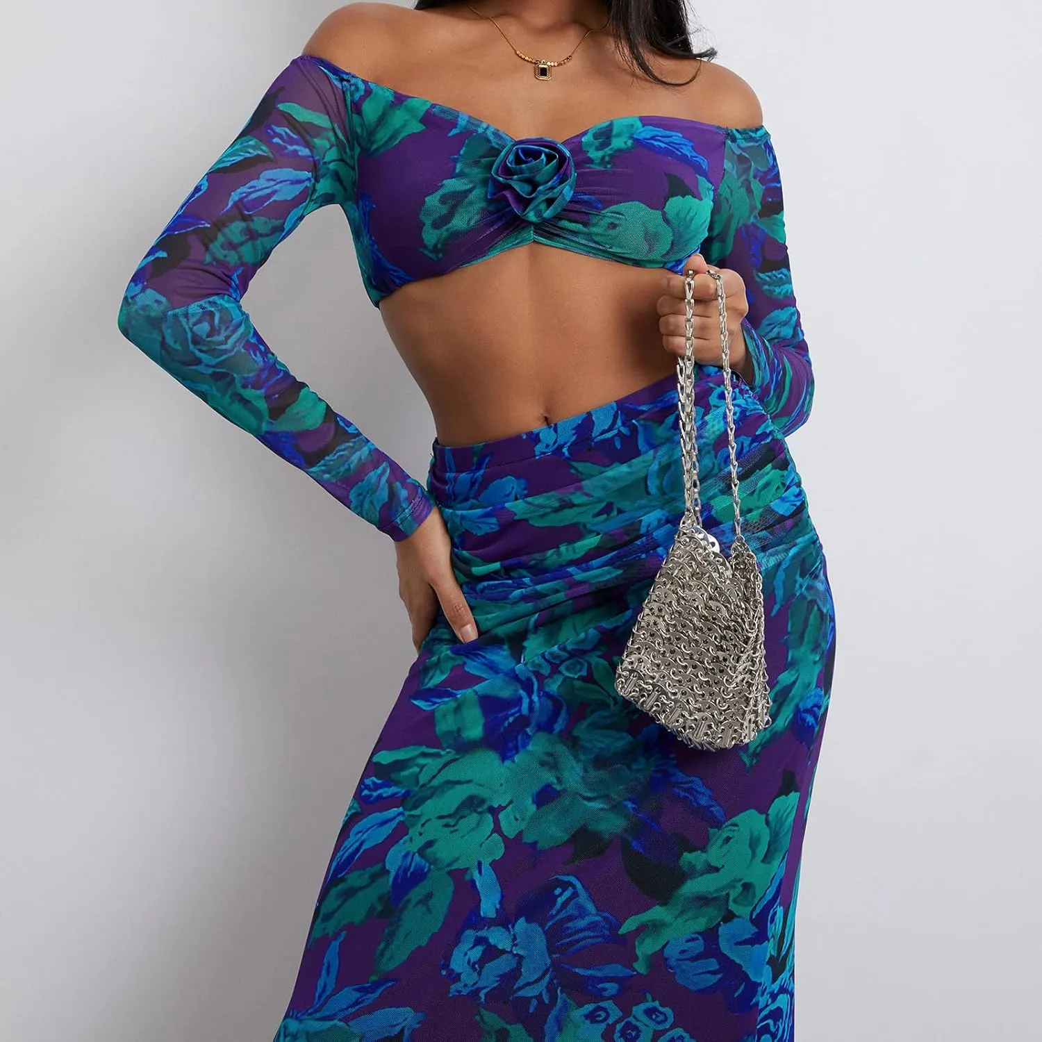 Womens Two Piece Maxi Skirt Set Off Shoulder Long Sleeve Crop Top High Rise Ruched Long Skirt Sexy Party Dresses