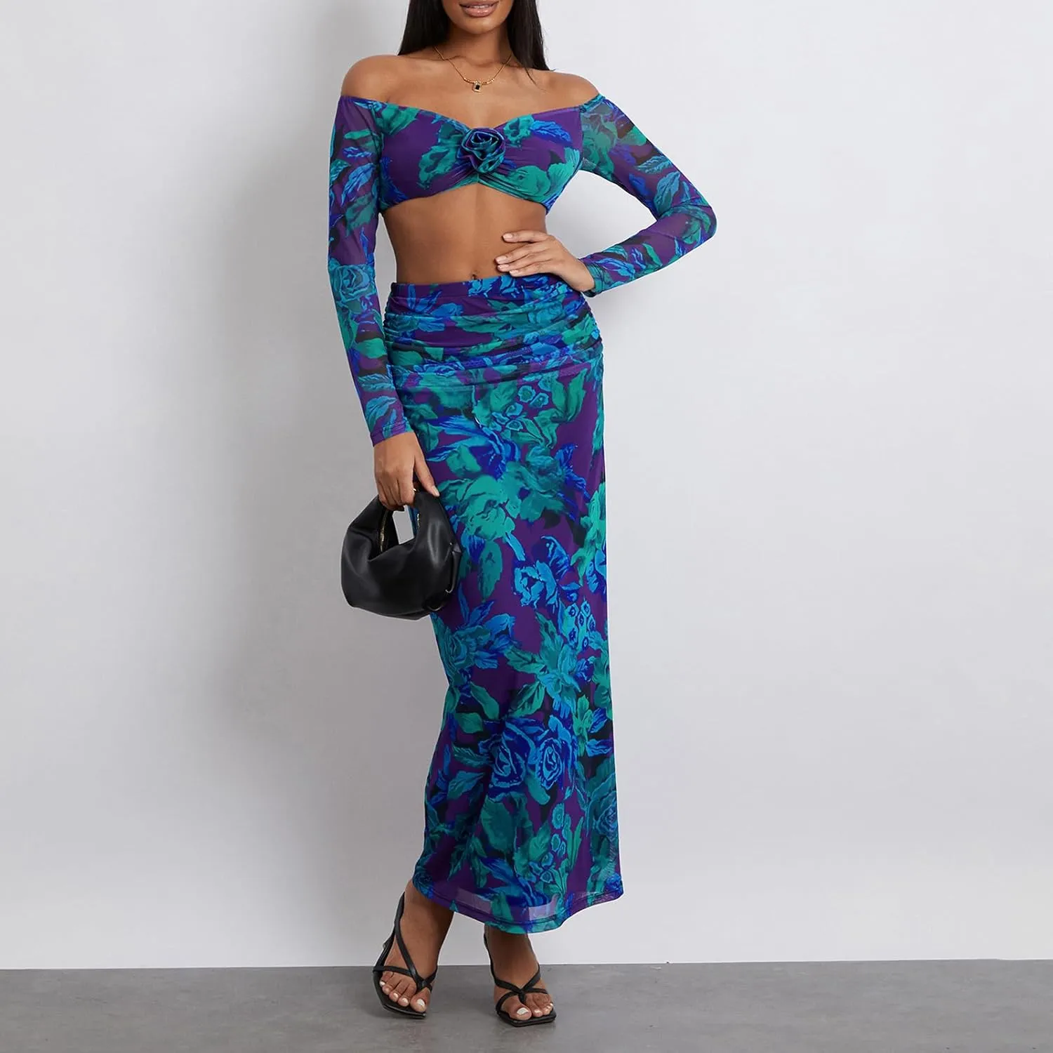 Womens Two Piece Maxi Skirt Set Off Shoulder Long Sleeve Crop Top High Rise Ruched Long Skirt Sexy Party Dresses