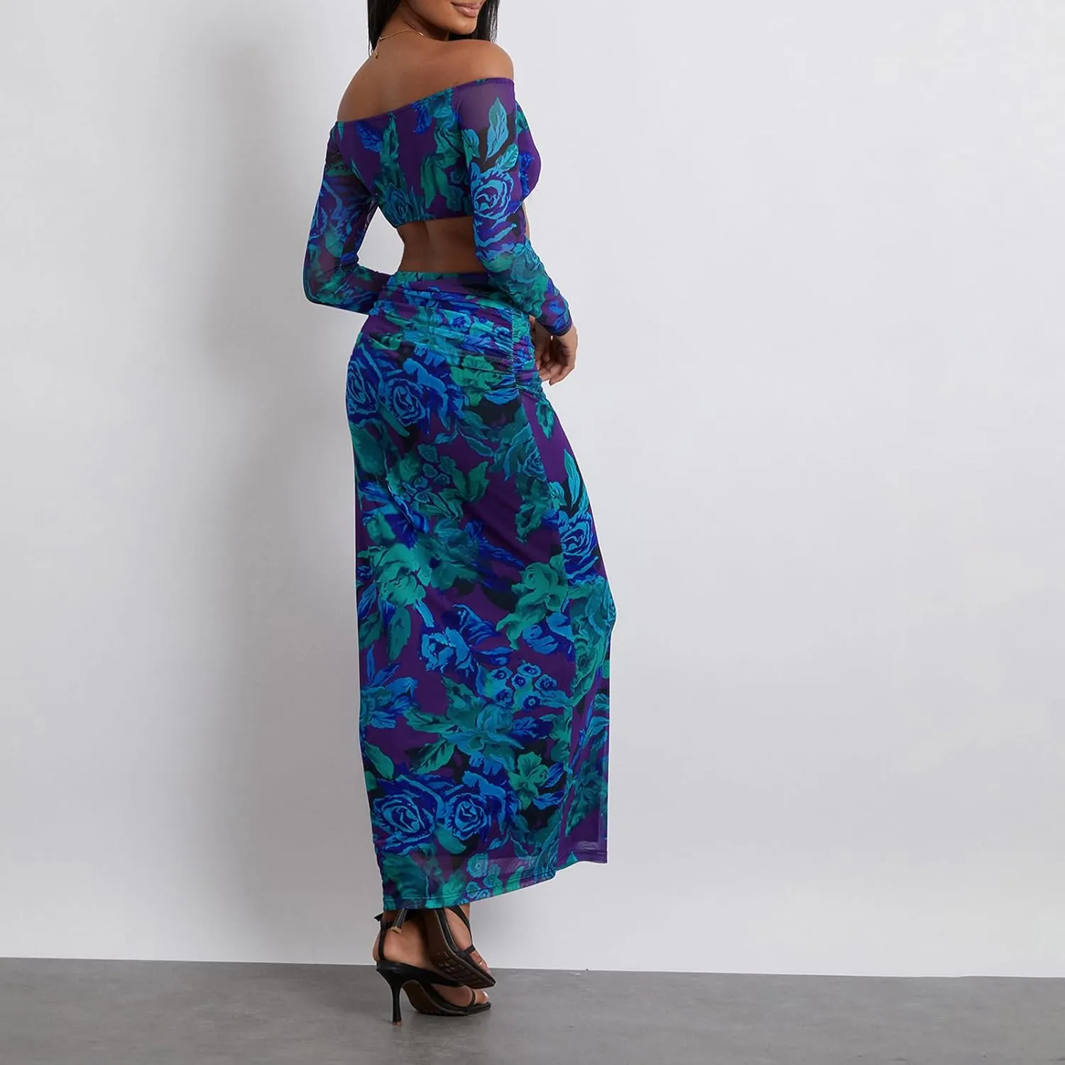 Womens Two Piece Maxi Skirt Set Off Shoulder Long Sleeve Crop Top High Rise Ruched Long Skirt Sexy Party Dresses