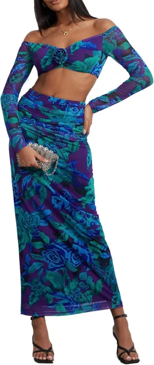 Womens Two Piece Maxi Skirt Set Off Shoulder Long Sleeve Crop Top High Rise Ruched Long Skirt Sexy Party Dresses