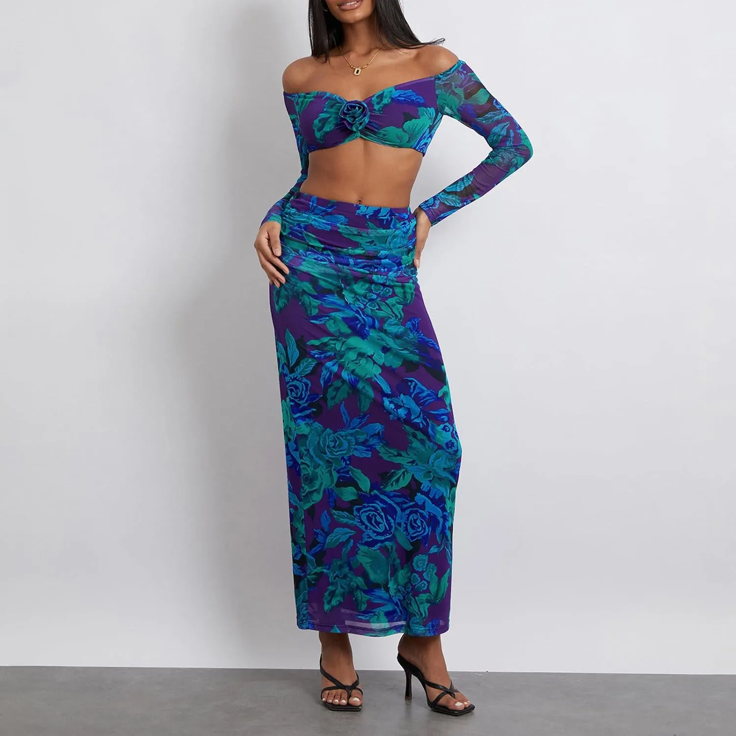 Womens Two Piece Maxi Skirt Set Off Shoulder Long Sleeve Crop Top High Rise Ruched Long Skirt Sexy Party Dresses