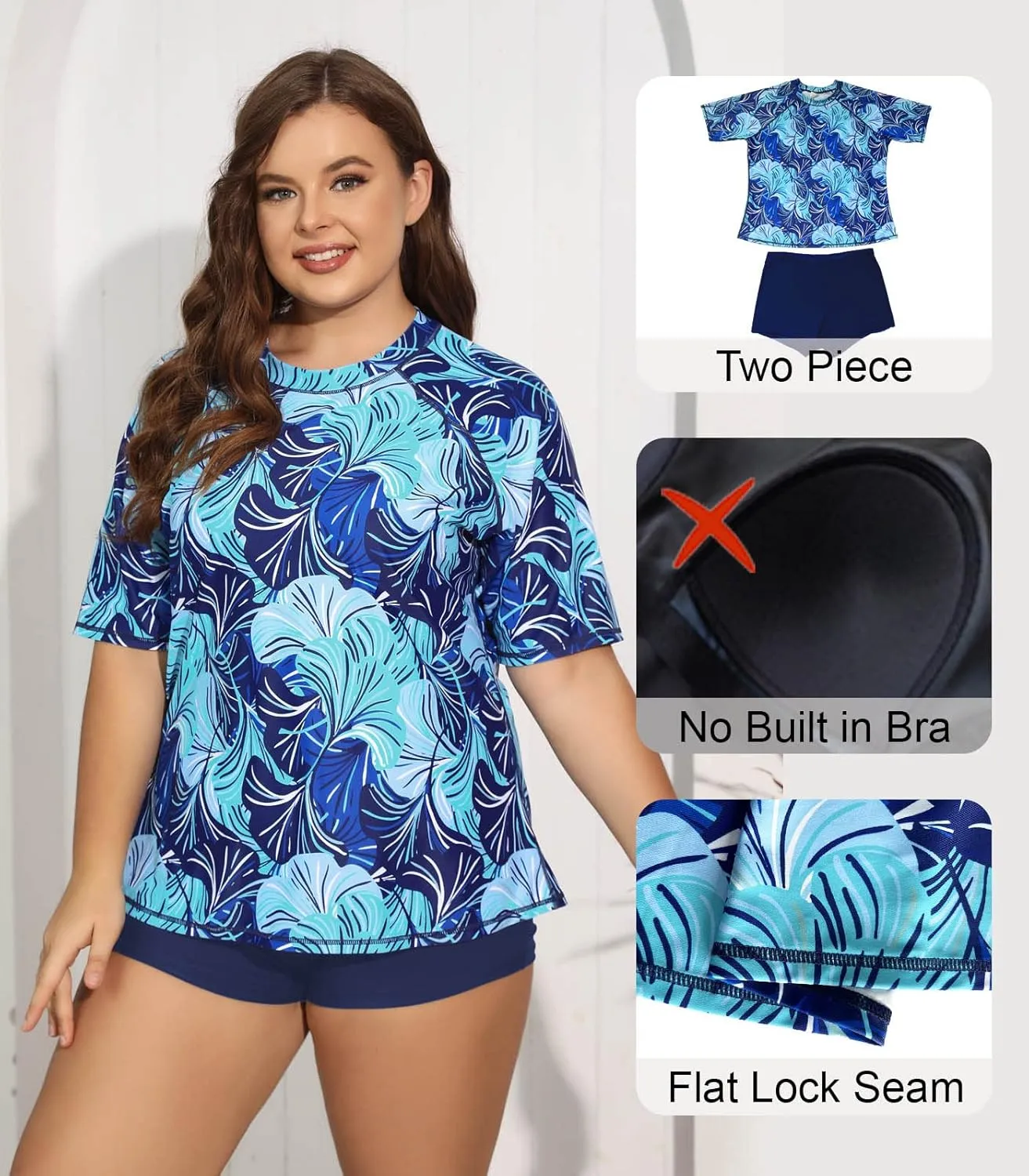 Womens Two Piece Plus Size Short Sleeve Rash Guard Sets Modest Swim Shirts Top and Shorts UPF50  Swimsuit
