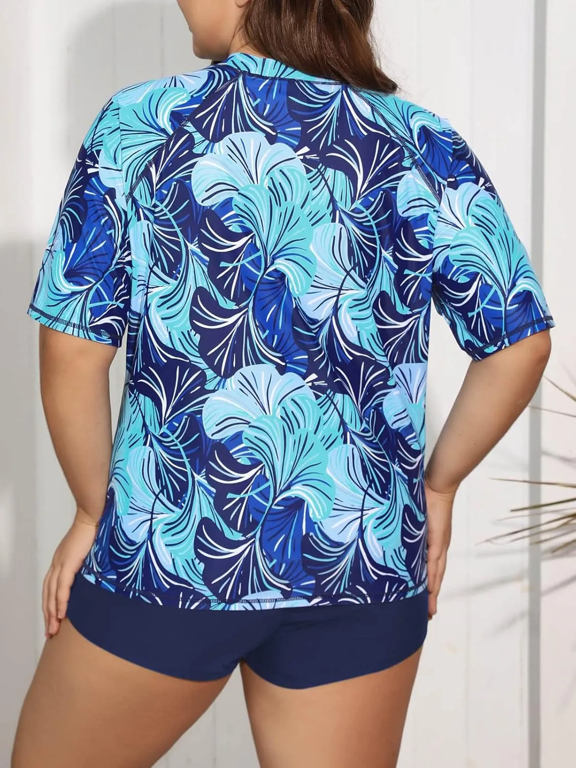 Womens Two Piece Plus Size Short Sleeve Rash Guard Sets Modest Swim Shirts Top and Shorts UPF50  Swimsuit