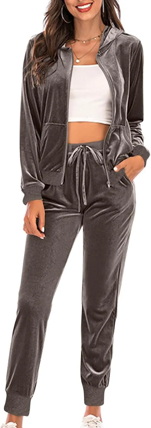 Women's Velour Tracksuits 2 Piece Outfits Trendy Velvet Hoodie & Sweatpants Sweatsuit Set Fall Winter Sportswear