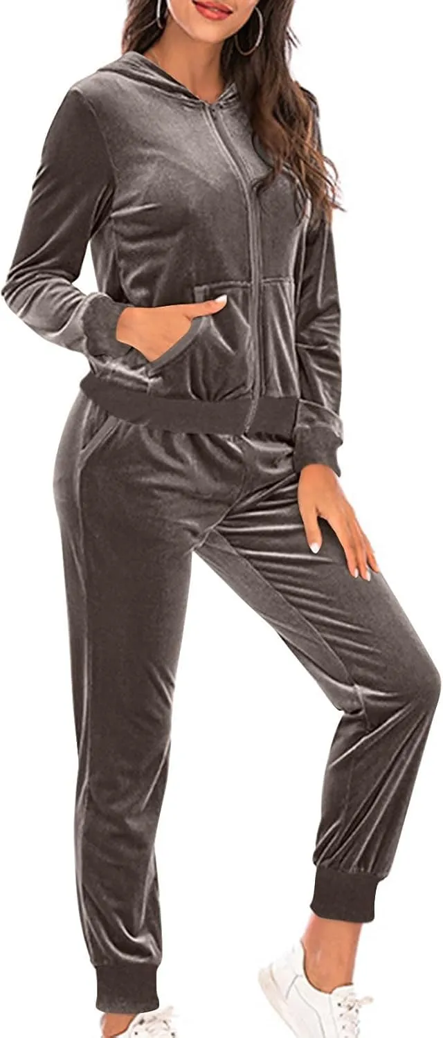 Women's Velour Tracksuits 2 Piece Outfits Trendy Velvet Hoodie & Sweatpants Sweatsuit Set Fall Winter Sportswear