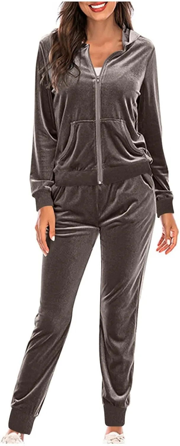 Women's Velour Tracksuits 2 Piece Outfits Trendy Velvet Hoodie & Sweatpants Sweatsuit Set Fall Winter Sportswear