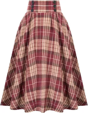 Women's Vintage Long Skirts Plaid Elegant Elastic Waist Pleated A-Line Casual High Waist Midi Skirt Plus Size