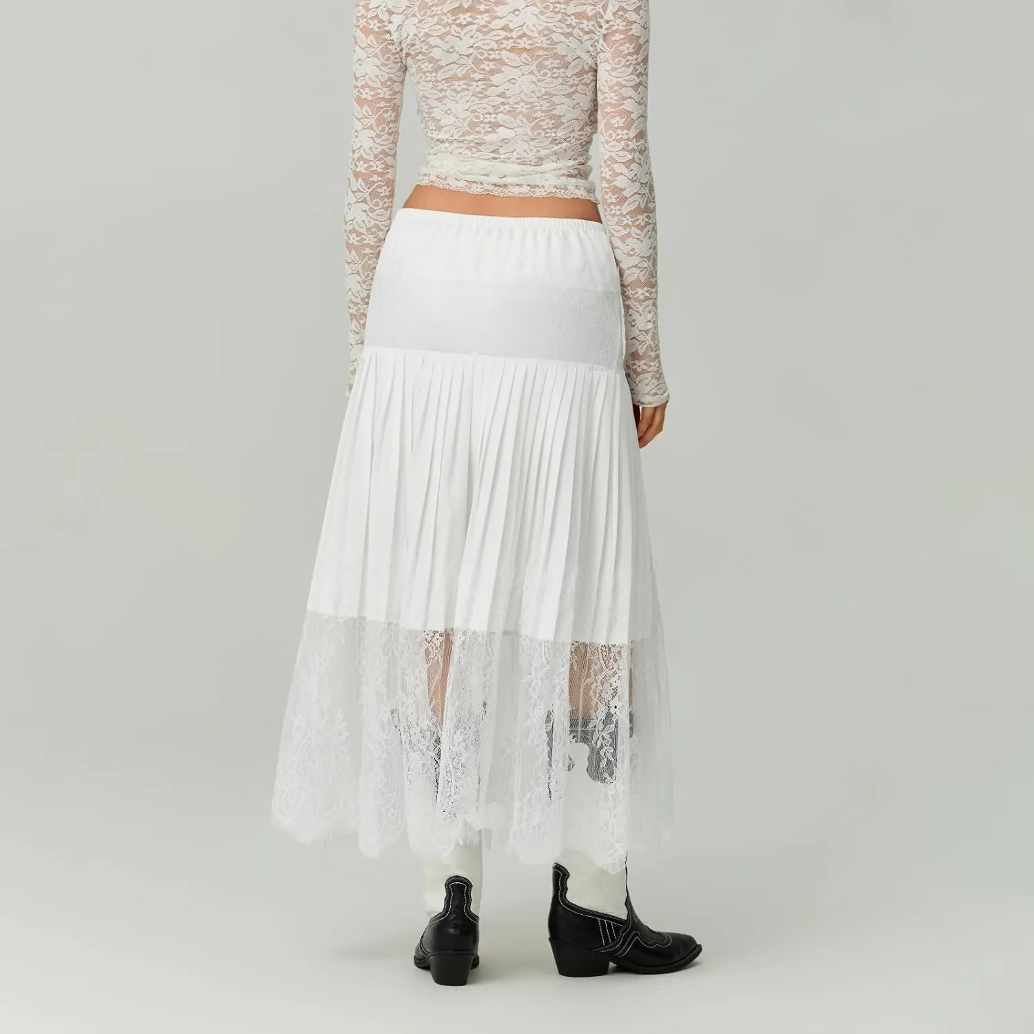 Women's Y2k Lace Midi Skirt Mid-Rise Lace Trim Half Slip Skirt Ruffle Pleated Layered Flowy Skirts Underskirt