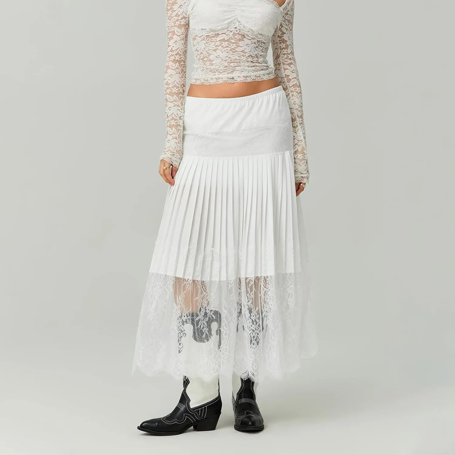 Women's Y2k Lace Midi Skirt Mid-Rise Lace Trim Half Slip Skirt Ruffle Pleated Layered Flowy Skirts Underskirt
