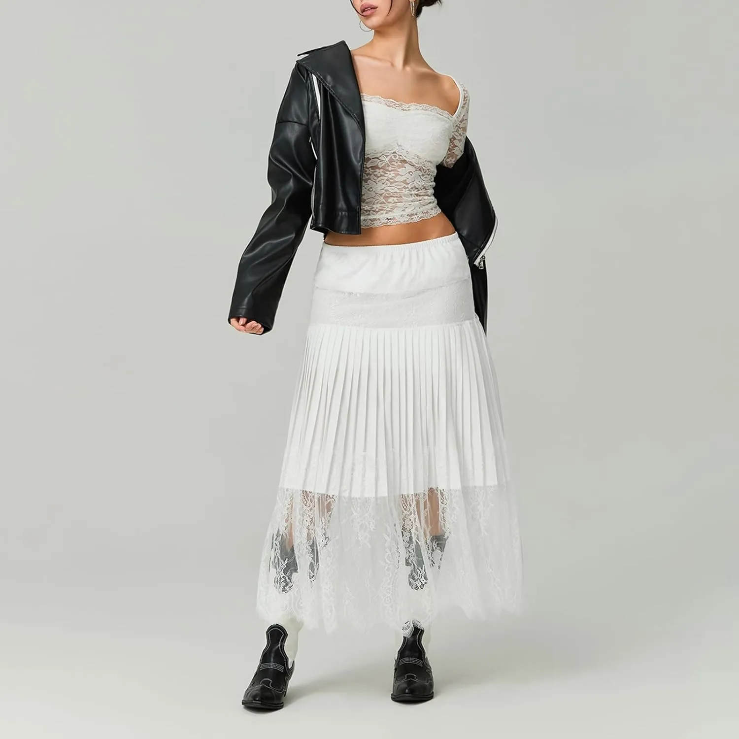 Women's Y2k Lace Midi Skirt Mid-Rise Lace Trim Half Slip Skirt Ruffle Pleated Layered Flowy Skirts Underskirt