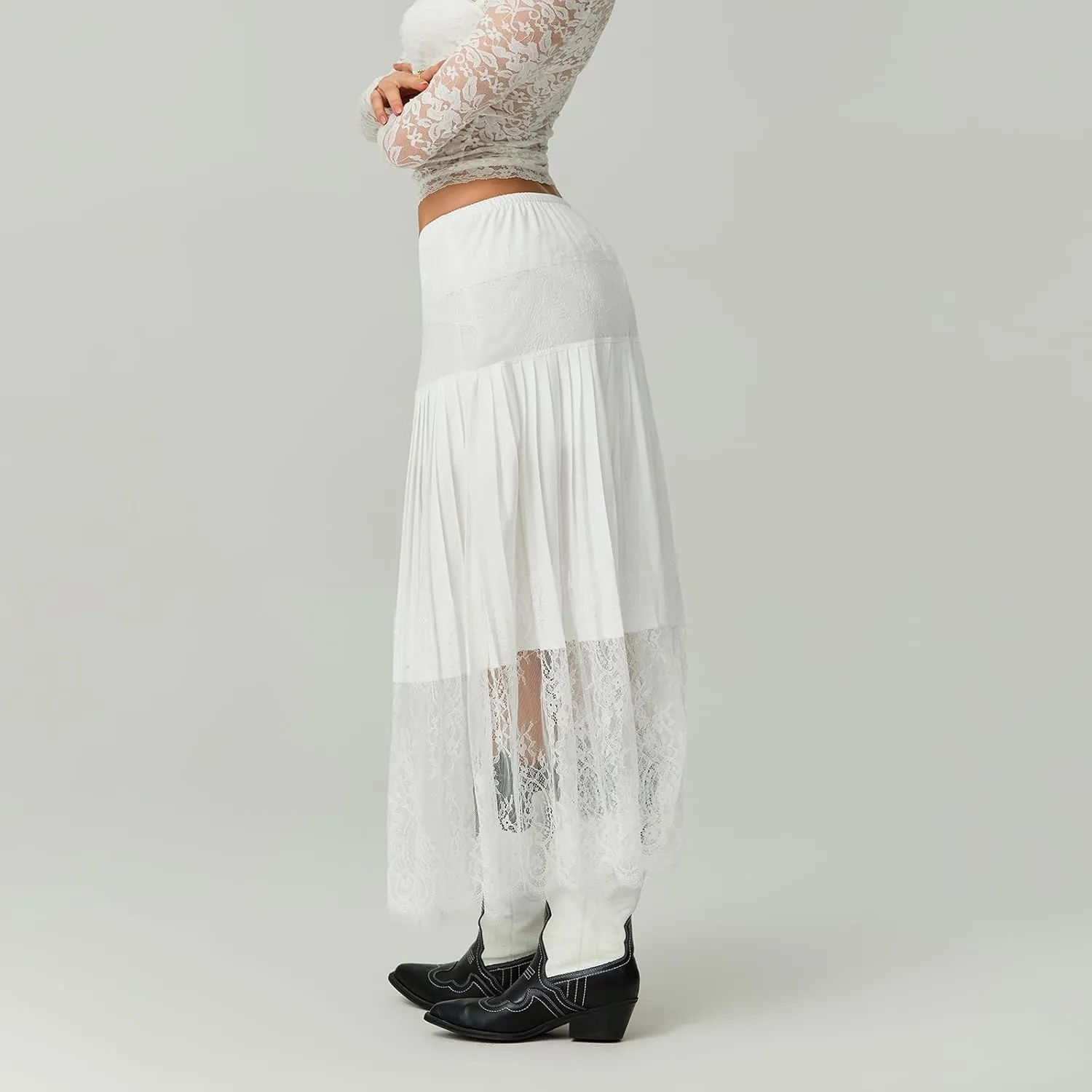 Women's Y2k Lace Midi Skirt Mid-Rise Lace Trim Half Slip Skirt Ruffle Pleated Layered Flowy Skirts Underskirt