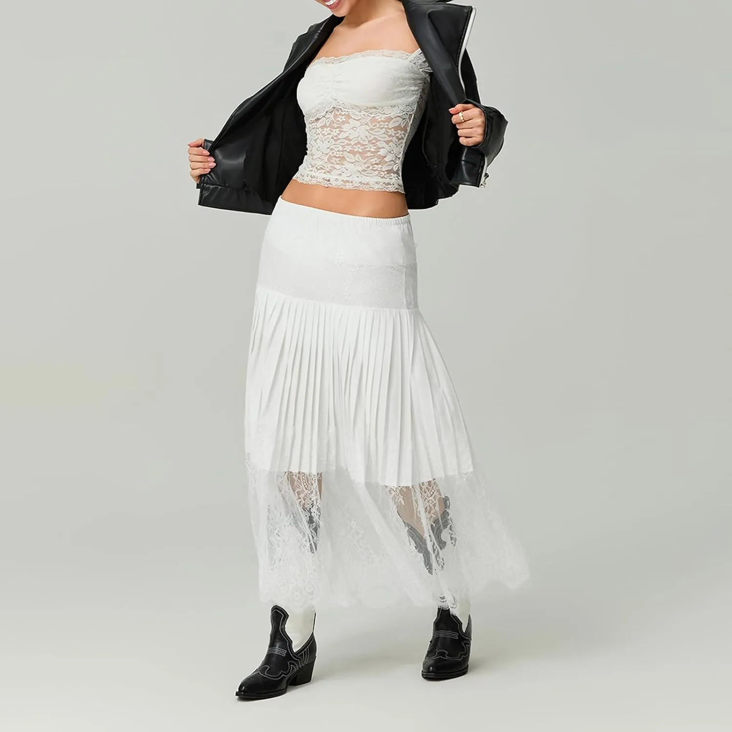 Women's Y2k Lace Midi Skirt Mid-Rise Lace Trim Half Slip Skirt Ruffle Pleated Layered Flowy Skirts Underskirt