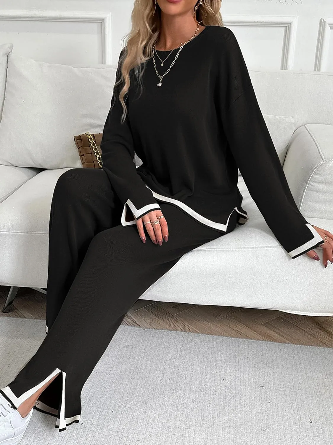 Woolicity NEW Womens 2 Piece Sweatsuit Set Outfits Long Sleeve Knit Sweater Top Wide Leg Pants Lounge Sets Tracksuits Set