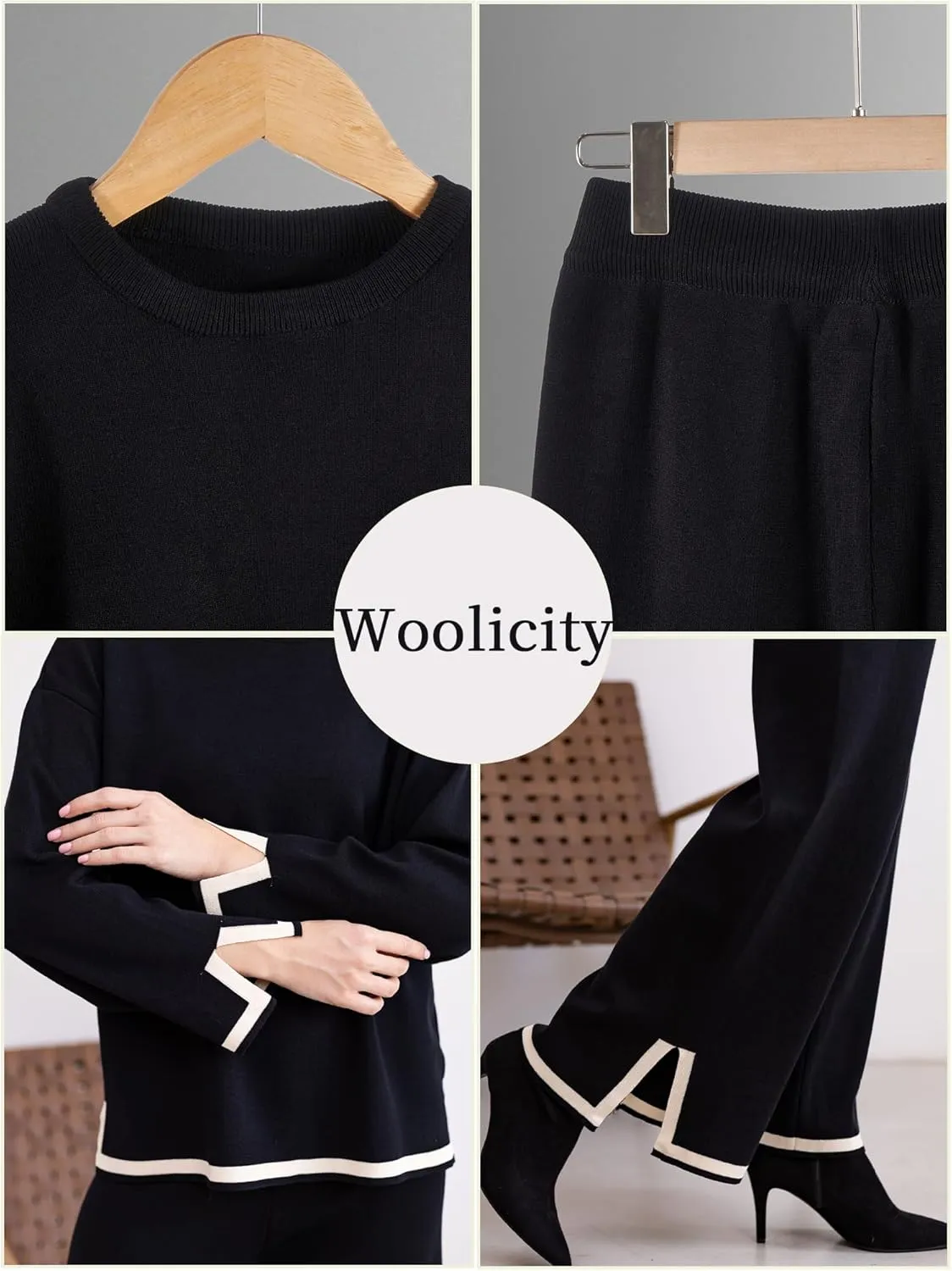 Woolicity NEW Womens 2 Piece Sweatsuit Set Outfits Long Sleeve Knit Sweater Top Wide Leg Pants Lounge Sets Tracksuits Set