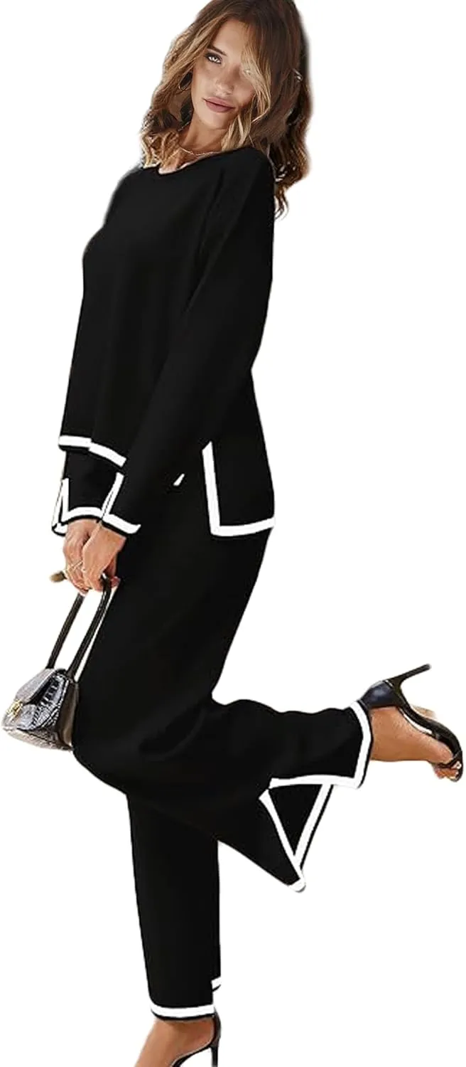 Woolicity NEW Womens 2 Piece Sweatsuit Set Outfits Long Sleeve Knit Sweater Top Wide Leg Pants Lounge Sets Tracksuits Set