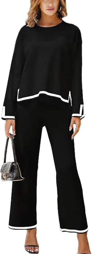 Woolicity NEW Womens 2 Piece Sweatsuit Set Outfits Long Sleeve Knit Sweater Top Wide Leg Pants Lounge Sets Tracksuits Set