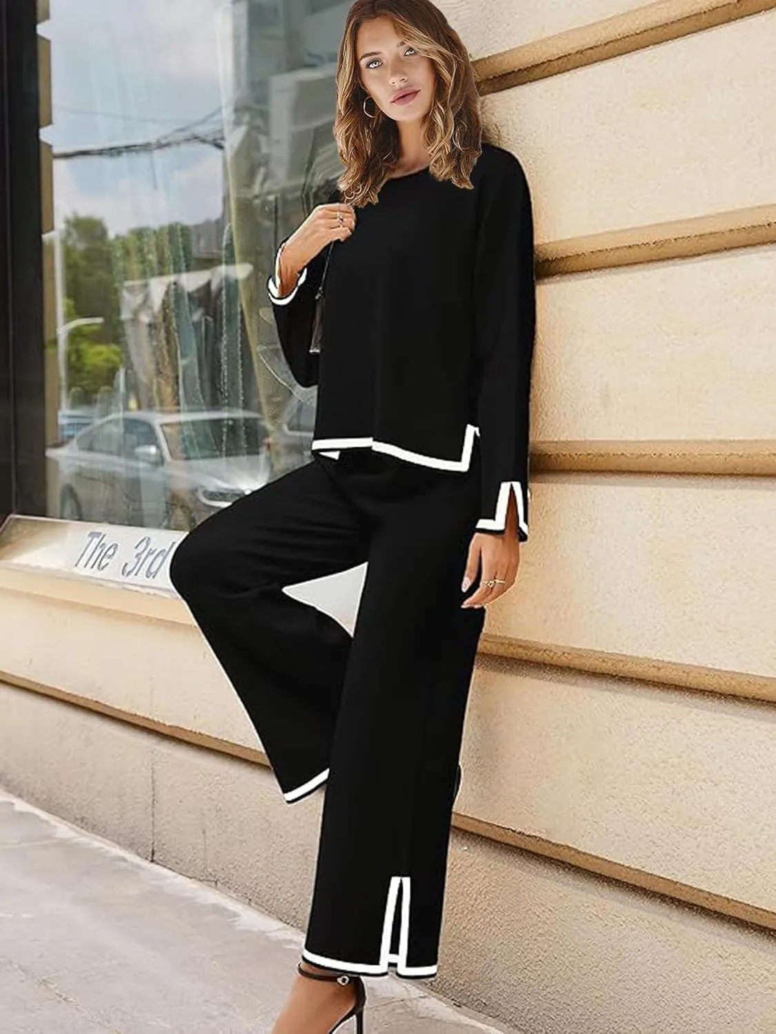 Woolicity NEW Womens 2 Piece Sweatsuit Set Outfits Long Sleeve Knit Sweater Top Wide Leg Pants Lounge Sets Tracksuits Set