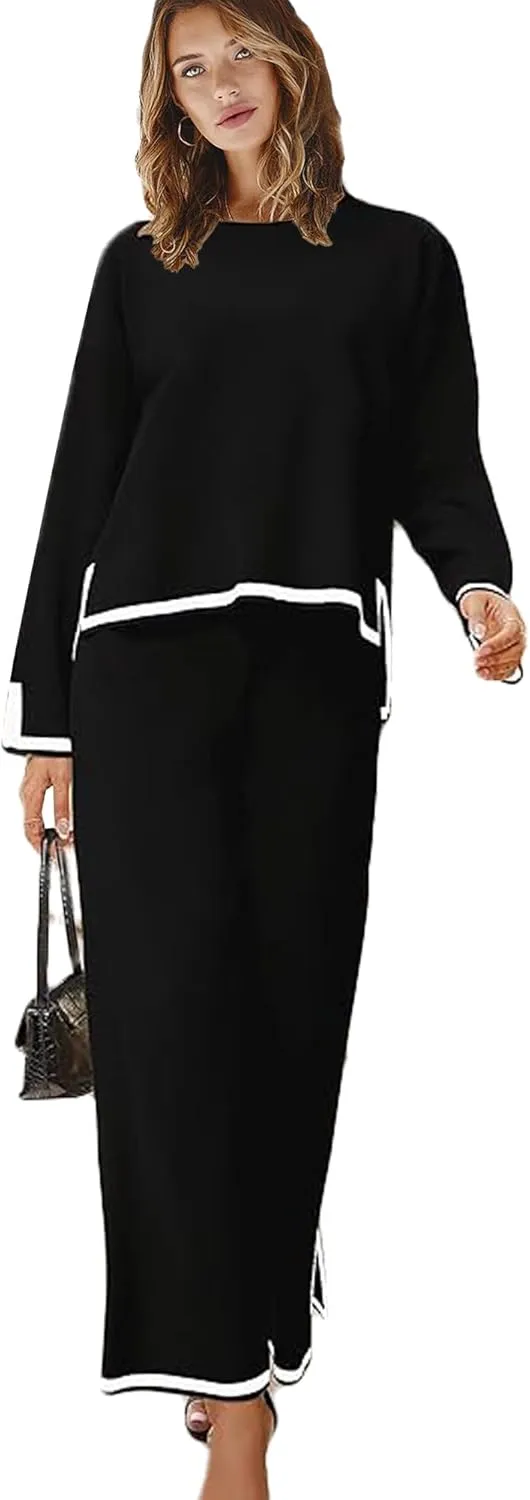 Woolicity NEW Womens 2 Piece Sweatsuit Set Outfits Long Sleeve Knit Sweater Top Wide Leg Pants Lounge Sets Tracksuits Set
