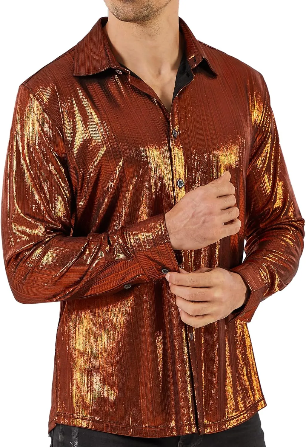 WULFUL Men Dress Shirt Sequins Long Sleeve Button Down Shirt Luxury Disco Party Nightclub Christmas Prom Costume