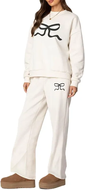 XBTCLXEBCO Bow Print Sweat Set for Women Oversized Sweatshirt and Sweatpants 2 Piece Lounge Set Fall Matching Tracksuit