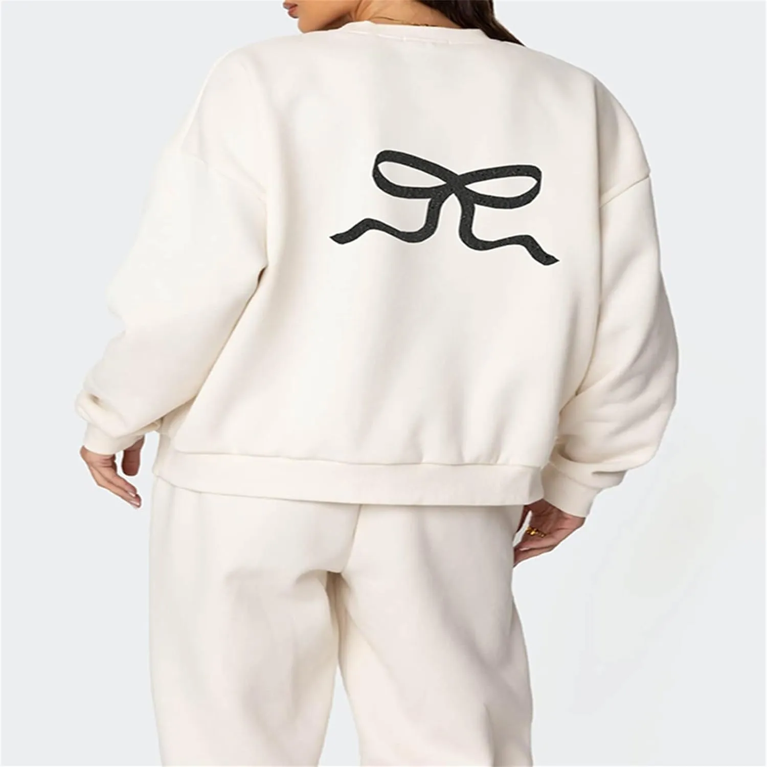 XBTCLXEBCO Bow Print Sweat Set for Women Oversized Sweatshirt and Sweatpants 2 Piece Lounge Set Fall Matching Tracksuit