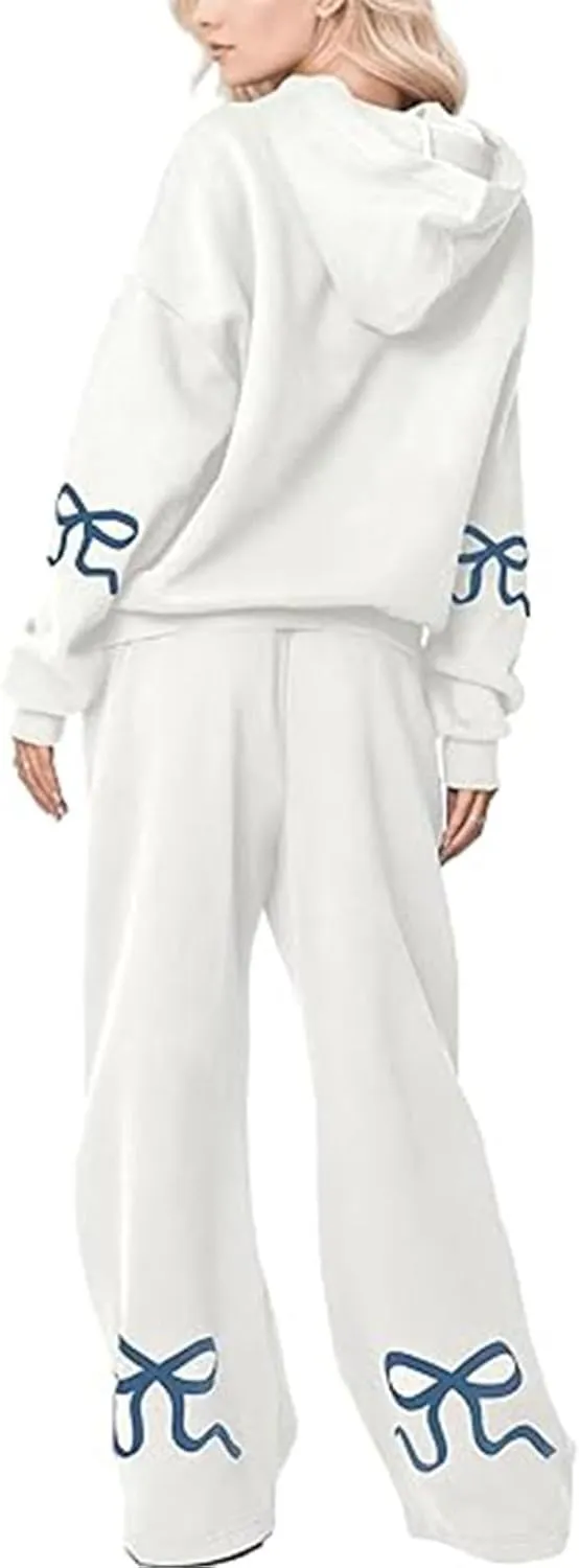 XBTCLXEBCO Bow Print Sweat Set for Women Oversized Sweatshirt and Sweatpants 2 Piece Lounge Set Fall Matching Tracksuit