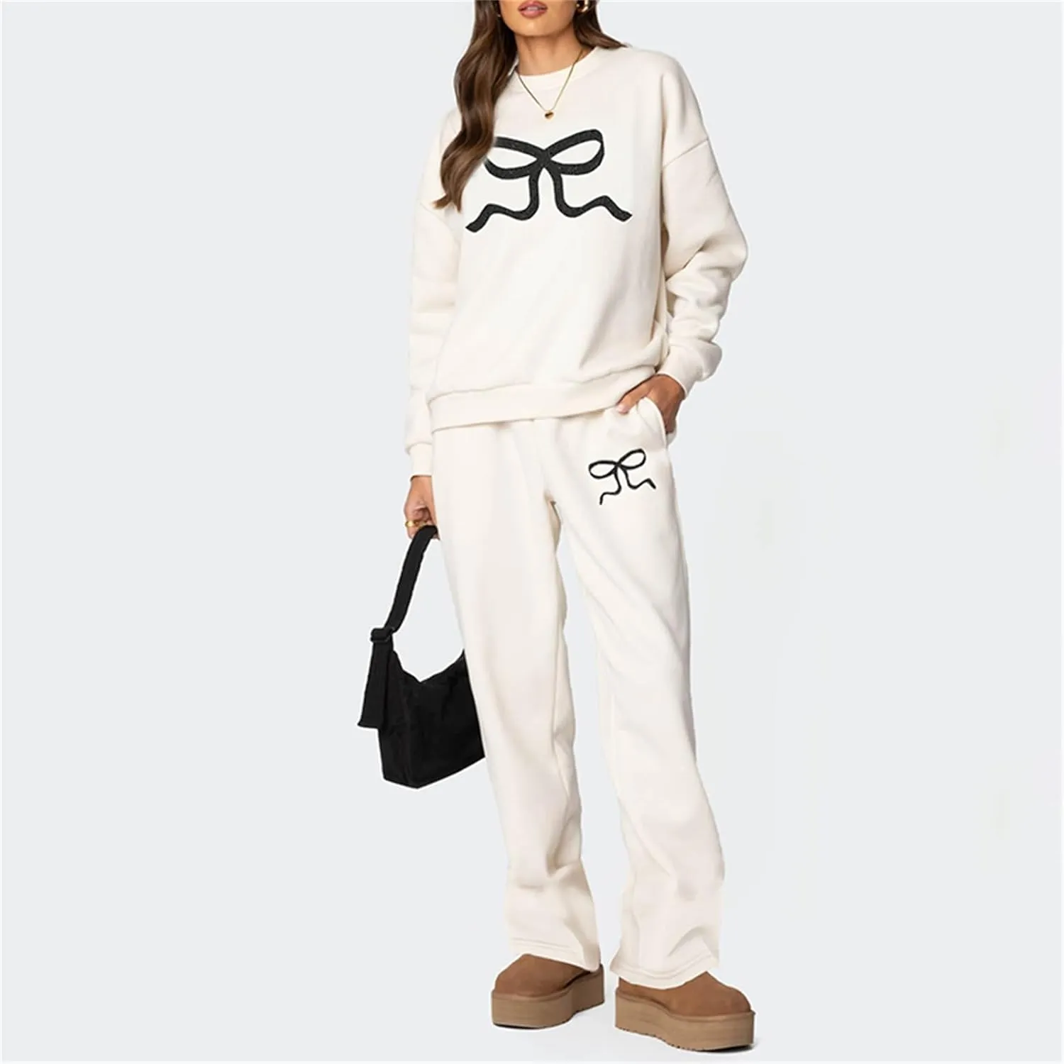 XBTCLXEBCO Bow Print Sweat Set for Women Oversized Sweatshirt and Sweatpants 2 Piece Lounge Set Fall Matching Tracksuit