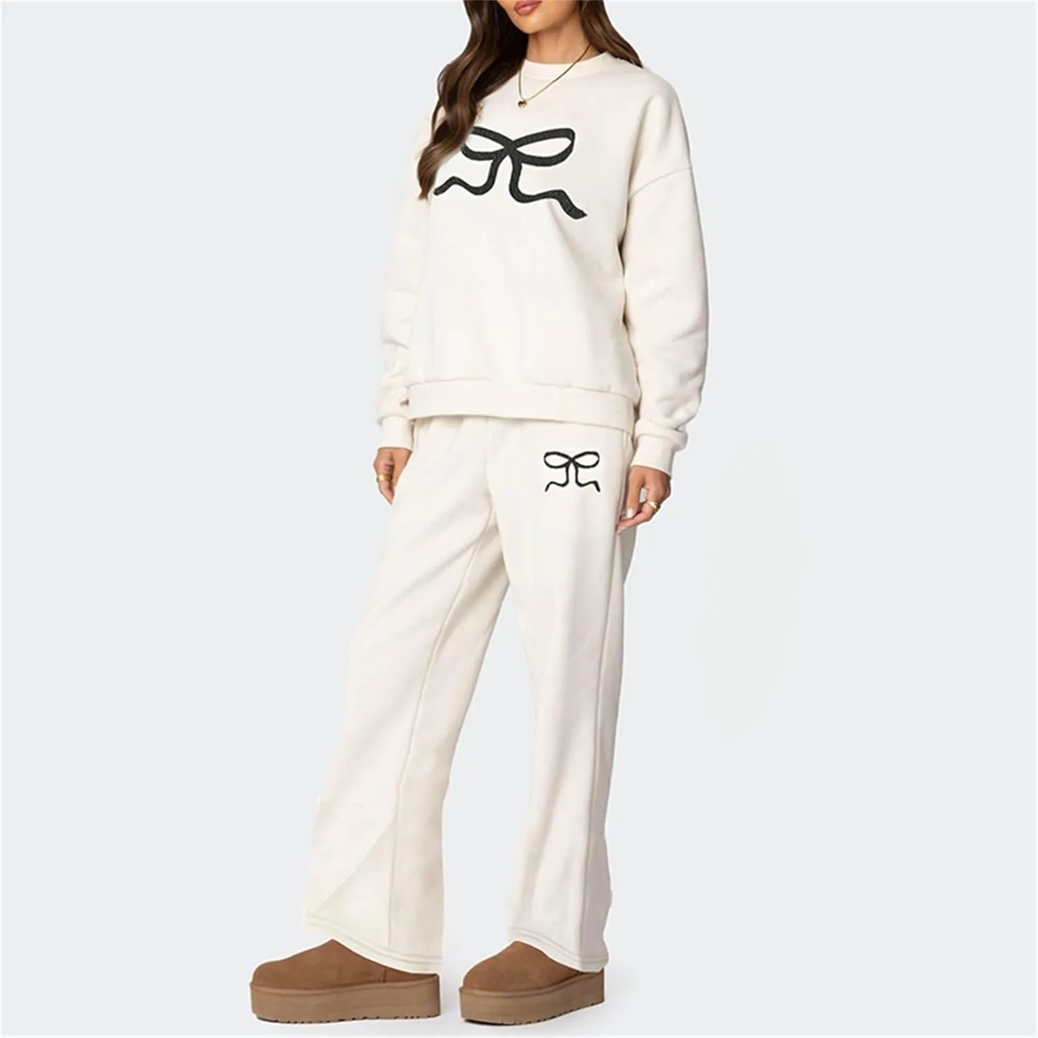 XBTCLXEBCO Bow Print Sweat Set for Women Oversized Sweatshirt and Sweatpants 2 Piece Lounge Set Fall Matching Tracksuit