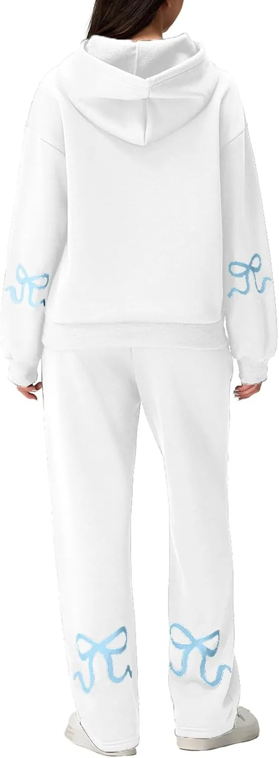 XBTCLXEBCO Bow Print Sweat Set for Women Oversized Sweatshirt and Sweatpants 2 Piece Lounge Set Fall Matching Tracksuit