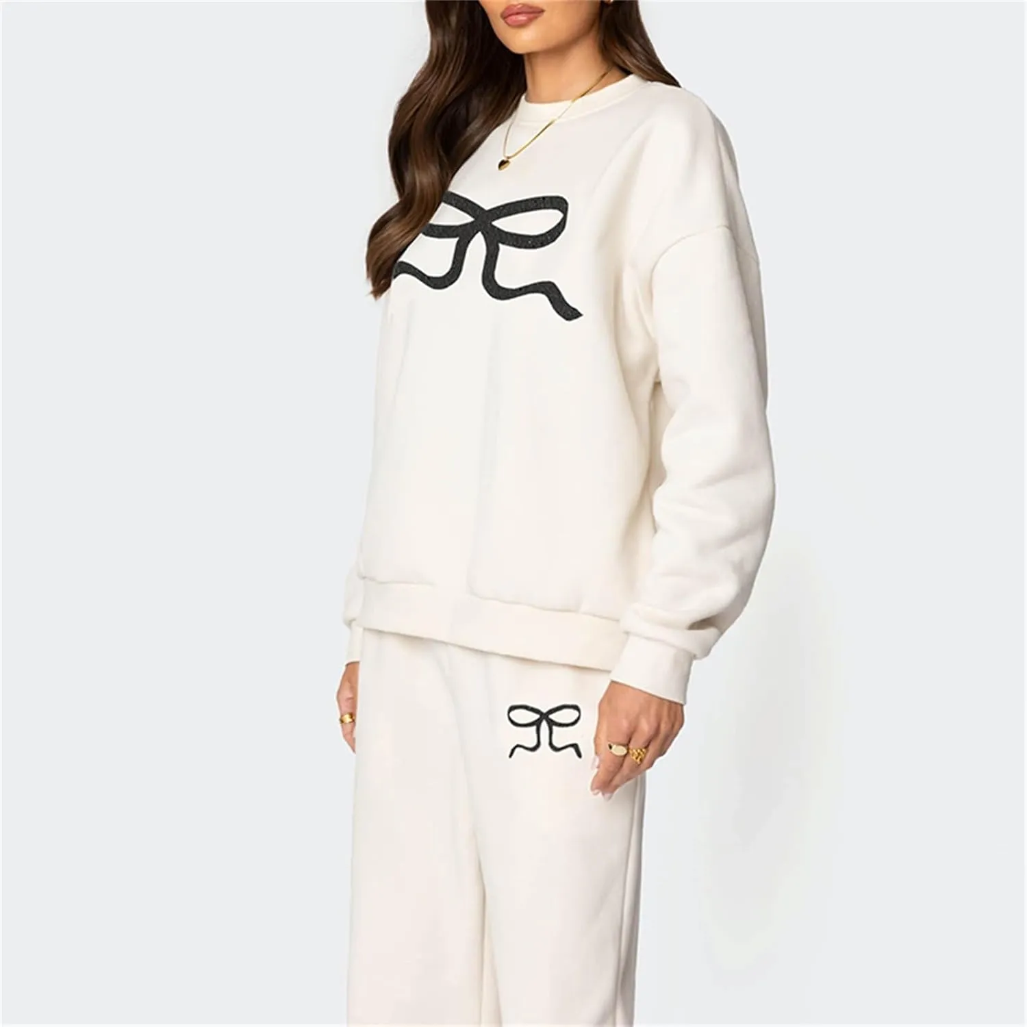 XBTCLXEBCO Bow Print Sweat Set for Women Oversized Sweatshirt and Sweatpants 2 Piece Lounge Set Fall Matching Tracksuit