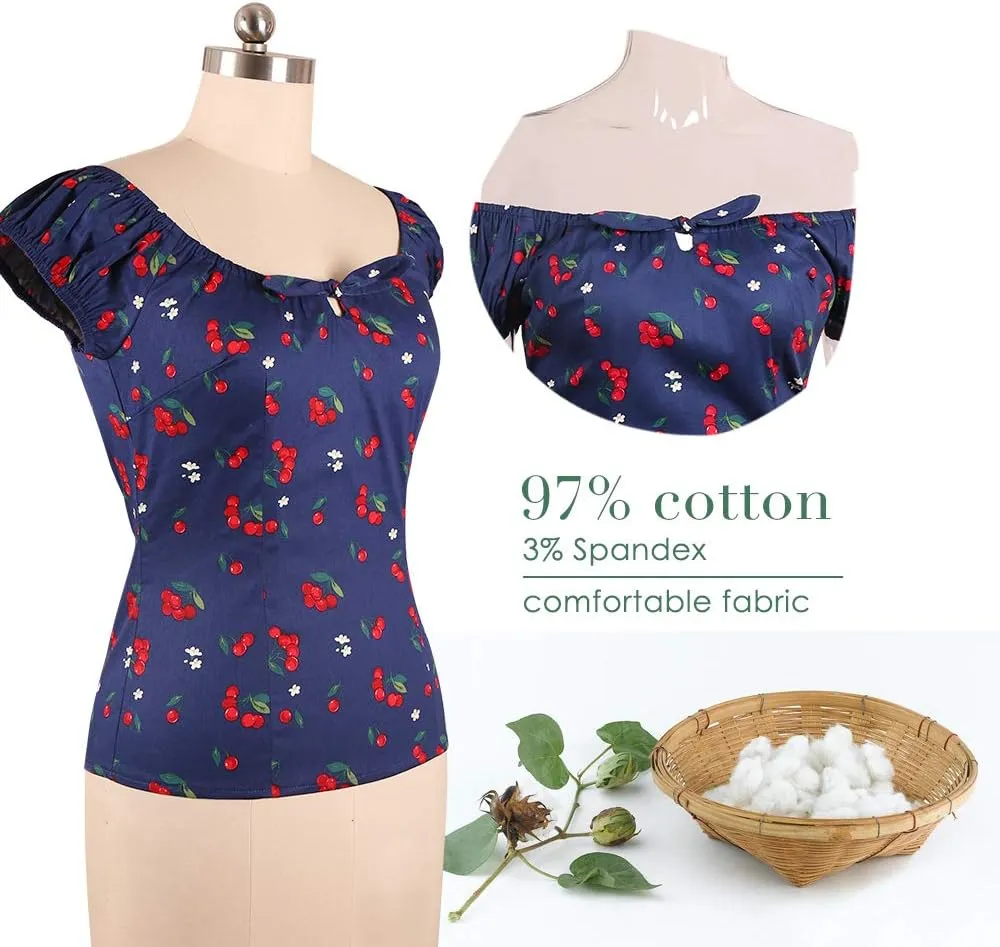 YARN & INK Women's Pinup Shirt 1950s Vintage Rockabilly Puff Sleeve BowBlouse Off Shoulder Tops