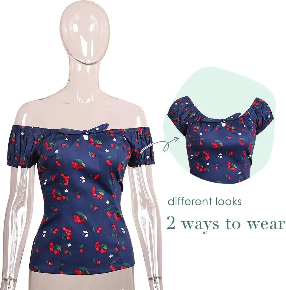 YARN & INK Women's Pinup Shirt 1950s Vintage Rockabilly Puff Sleeve BowBlouse Off Shoulder Tops