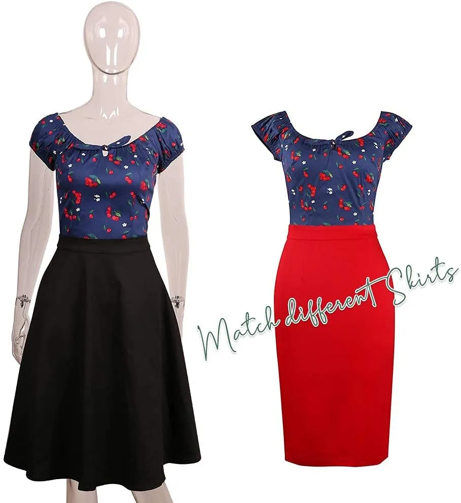 YARN & INK Women's Pinup Shirt 1950s Vintage Rockabilly Puff Sleeve BowBlouse Off Shoulder Tops