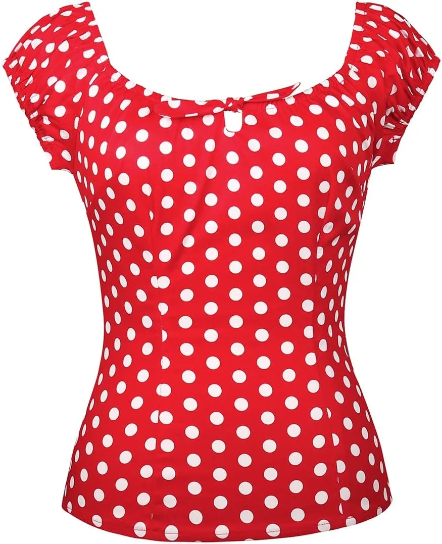 YARN & INK Women's Pinup Shirt 1950s Vintage Rockabilly Puff Sleeve BowBlouse Off Shoulder Tops